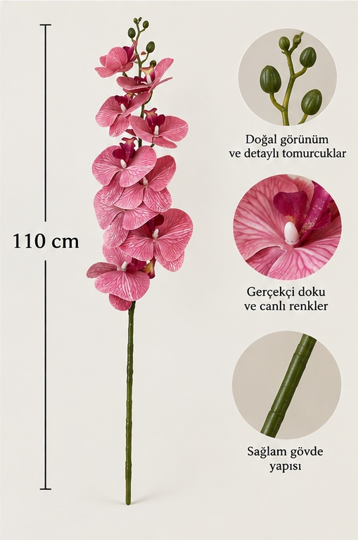 Premium Pembe Yapay Orkide Dalı – 110 cm