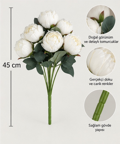 Premium Beyaz Yapay Şakayık – 7 Başlı, 45 cm