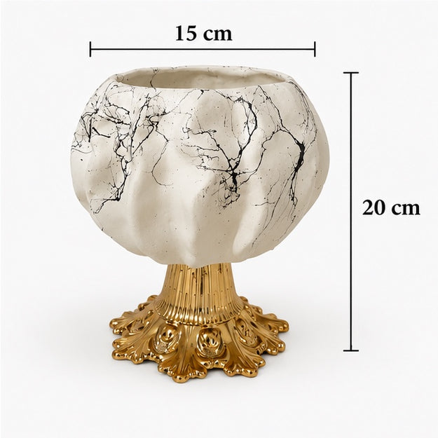 Beyaz Mermer Desenli Altın Ayaklı Bombeli Seramik Vazo – 15 × 20 cm