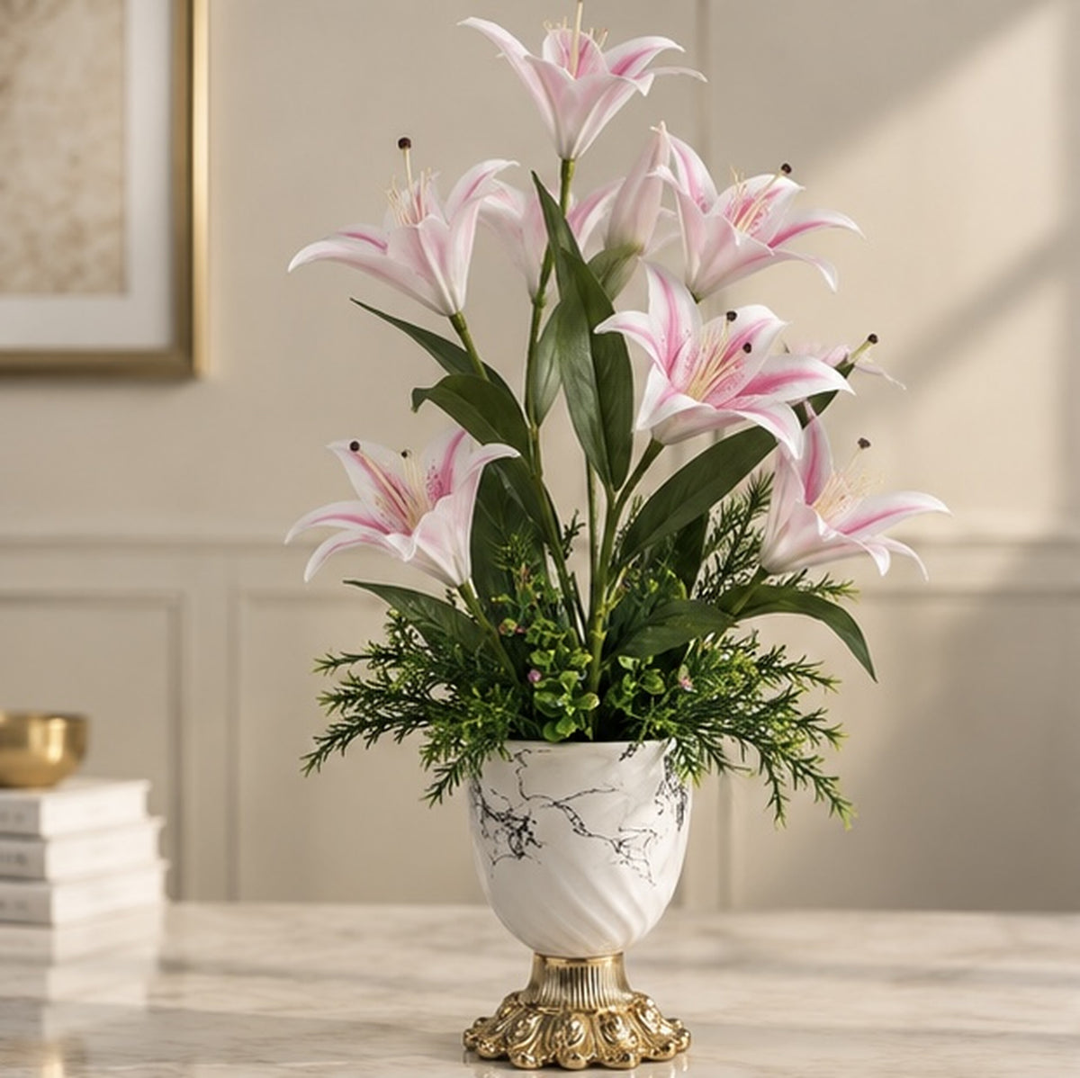Premium Pembe Lilyum Yapay Çiçek Aranjmanı – 70 cm