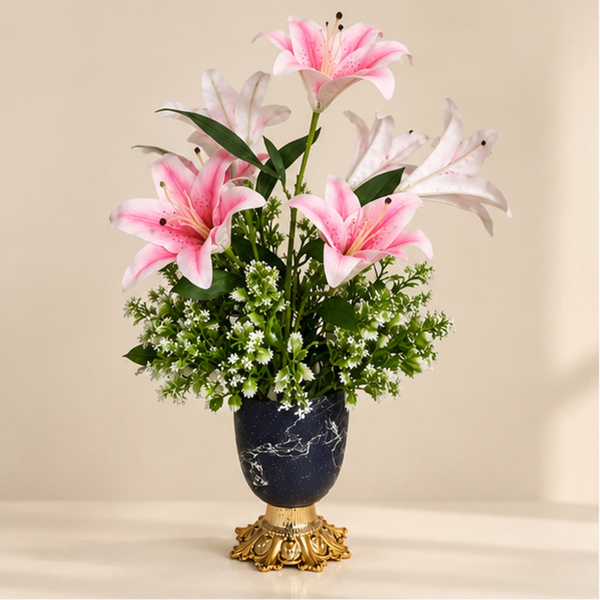 Premium Pembe Lilyum ve Beyaz Çiçekli Yapay Aranjman – 70 cm