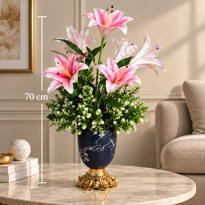 Premium Pembe Lilyum ve Beyaz Çiçekli Yapay Aranjman – 70 cm
