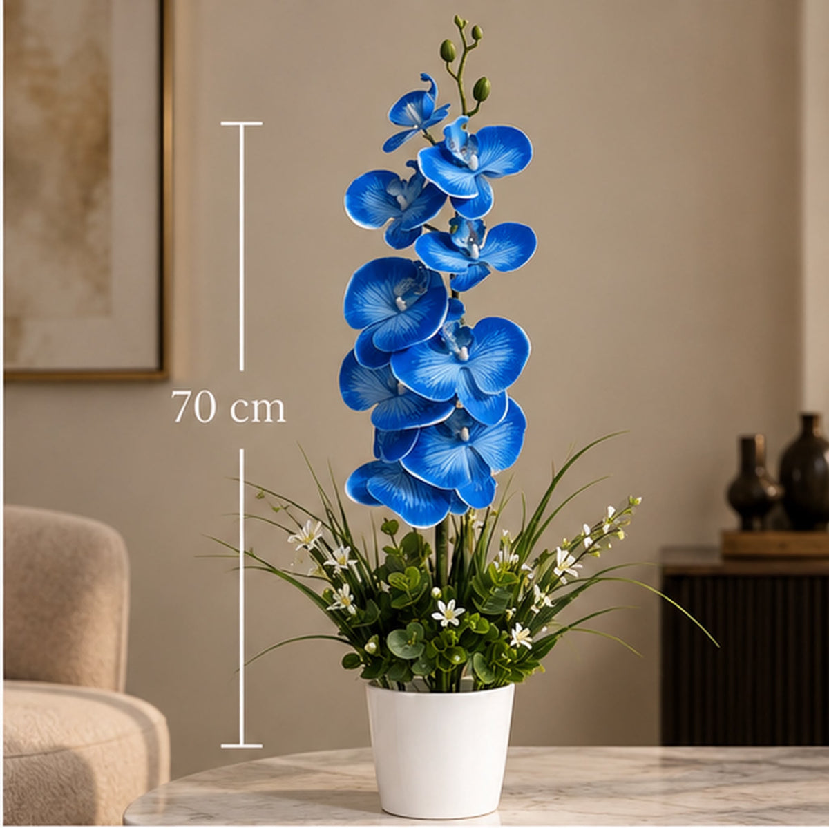 Premium Mavi Orkide Yapay Çiçek Aranjmanı – 70 cm