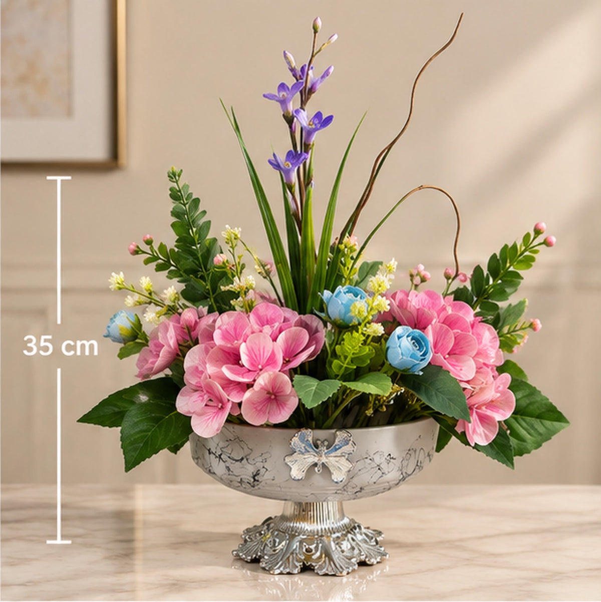 Premium Pembe Ortanca Karışık Yapay Çiçek Aranjmanı – 35 cm