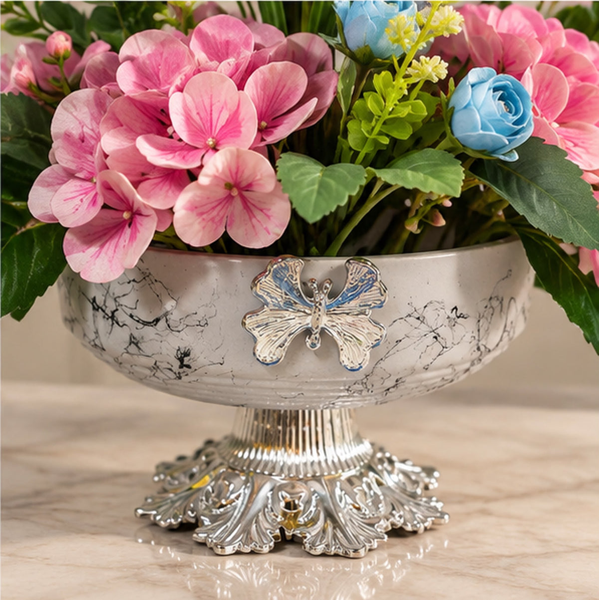 Premium Pembe Ortanca Karışık Yapay Çiçek Aranjmanı – 35 cm