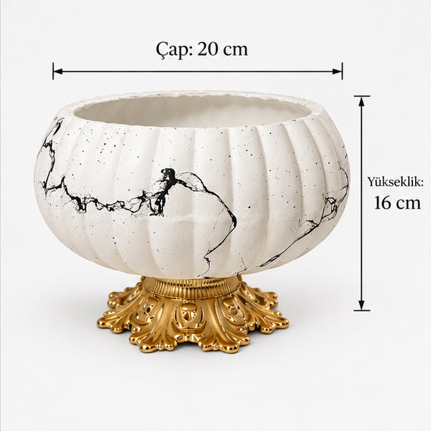 Beyaz Mermer Desenli Altın Ayaklı Seramik Kase Vazo – 20 × 16 cm