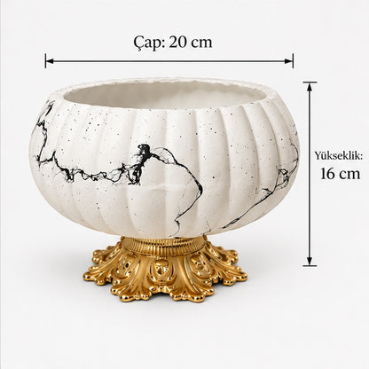 Beyaz Mermer Desenli Altın Ayaklı Seramik Kase Vazo – 20 × 16 cm