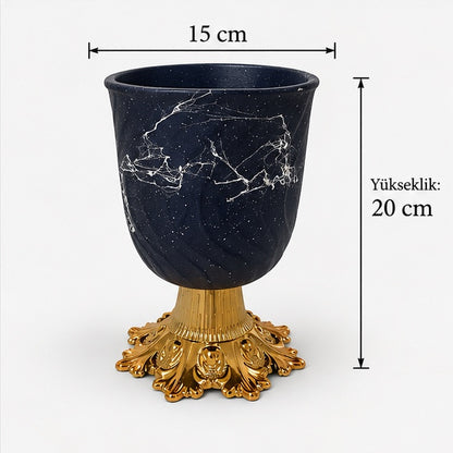 Lacivert Mermer Desenli Altın Ayaklı Seramik Vazo – 15 × 20 cm