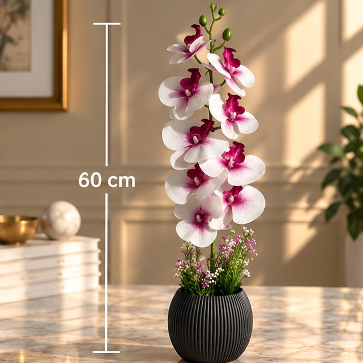 60 cm Beyaz Fuşya Premium Yapay Orkide Aranjmanı
