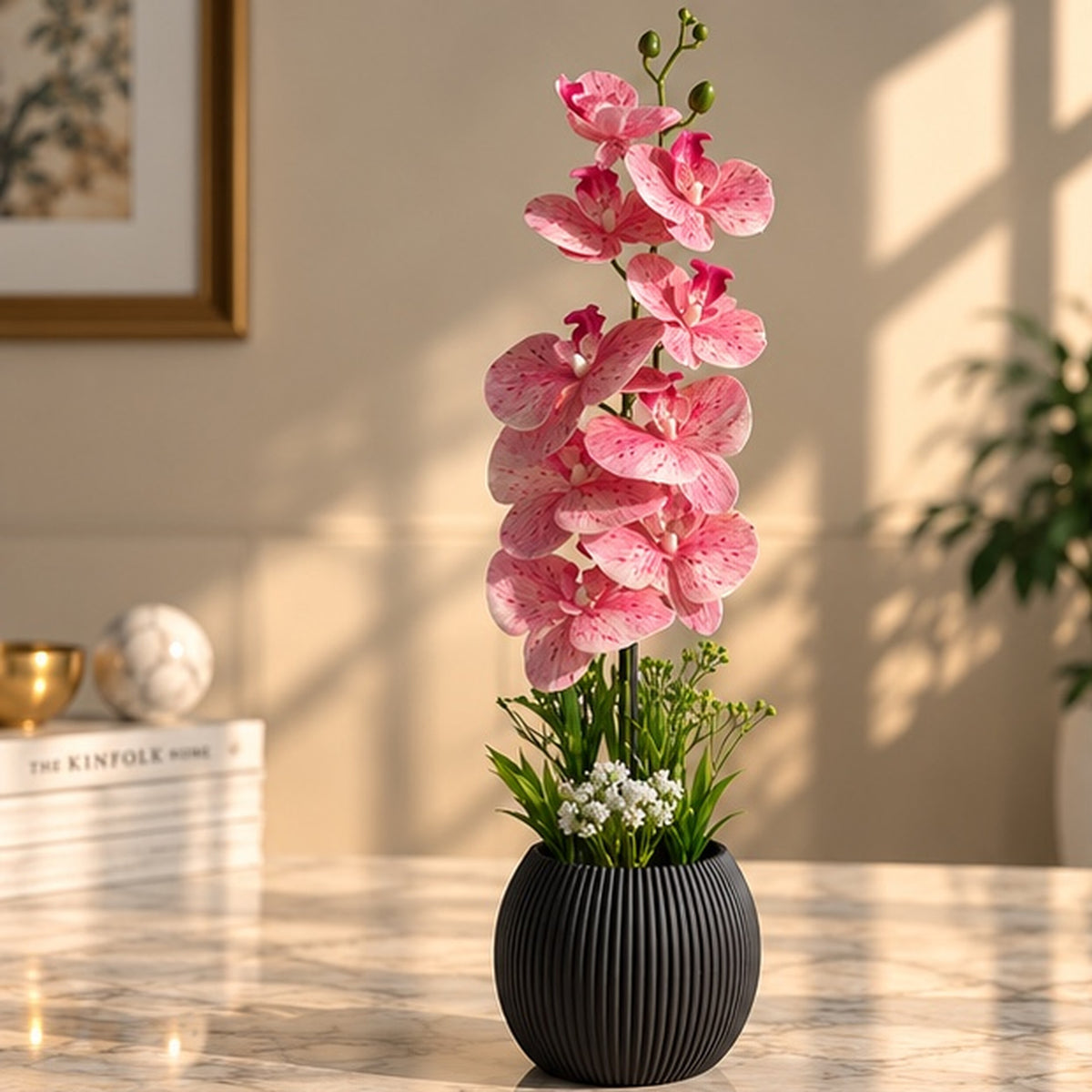 60 cm Benekli Pembe Premium Yapay Orkide Aranjmanı