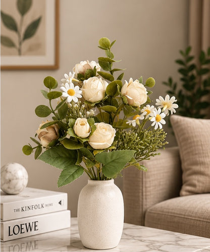 Premium Krem Gül ve Papatya Karışık Yapay Buket – 30 cm