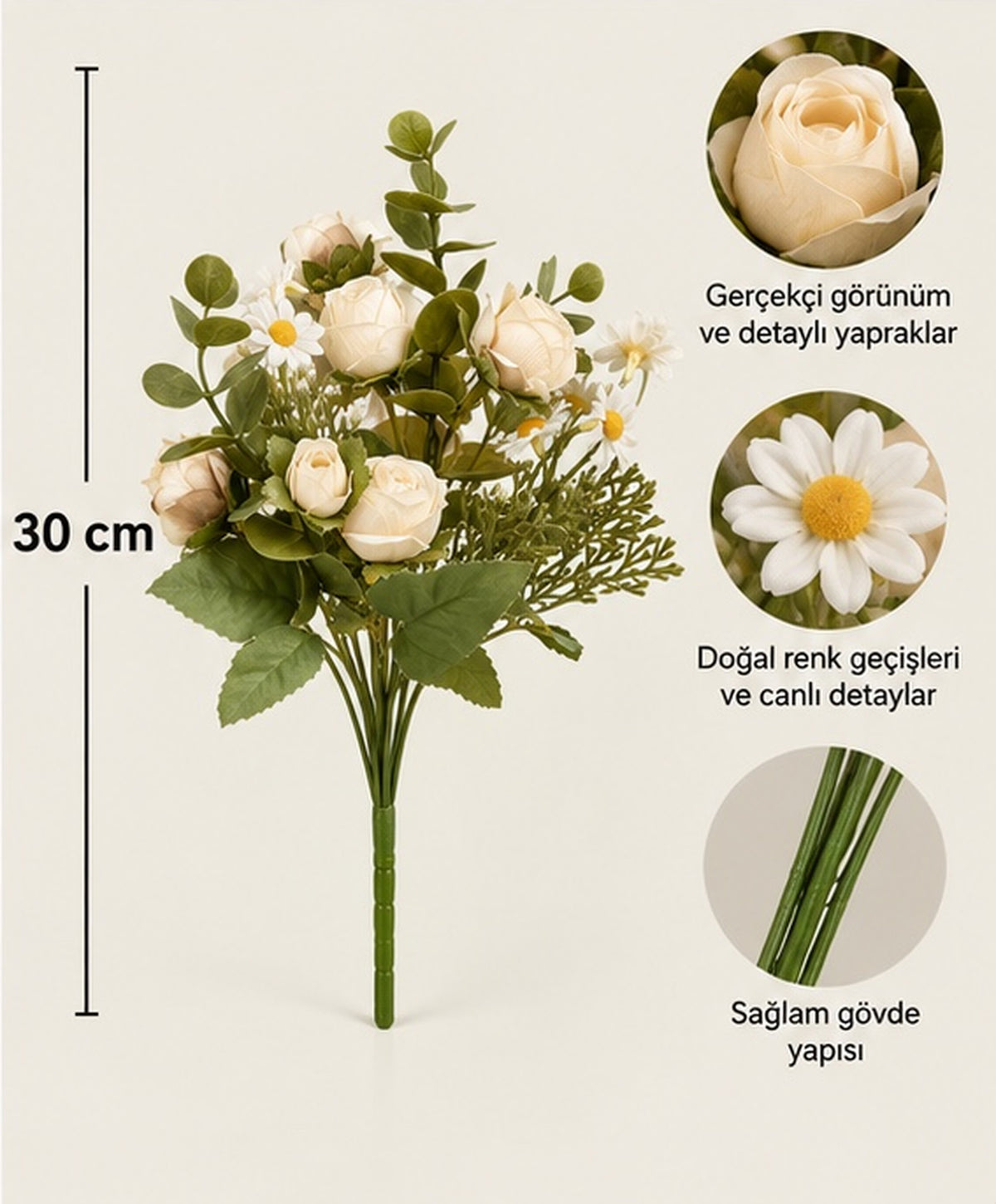 Premium Krem Gül ve Papatya Karışık Yapay Buket – 30 cm