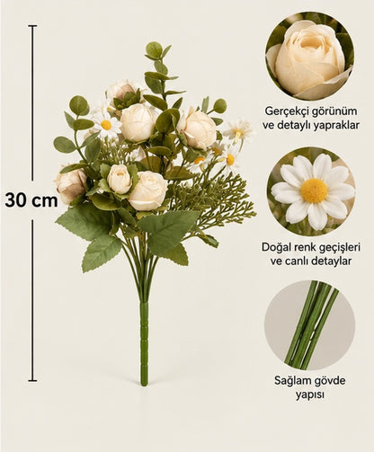 Premium Krem Gül ve Papatya Karışık Yapay Buket – 30 cm