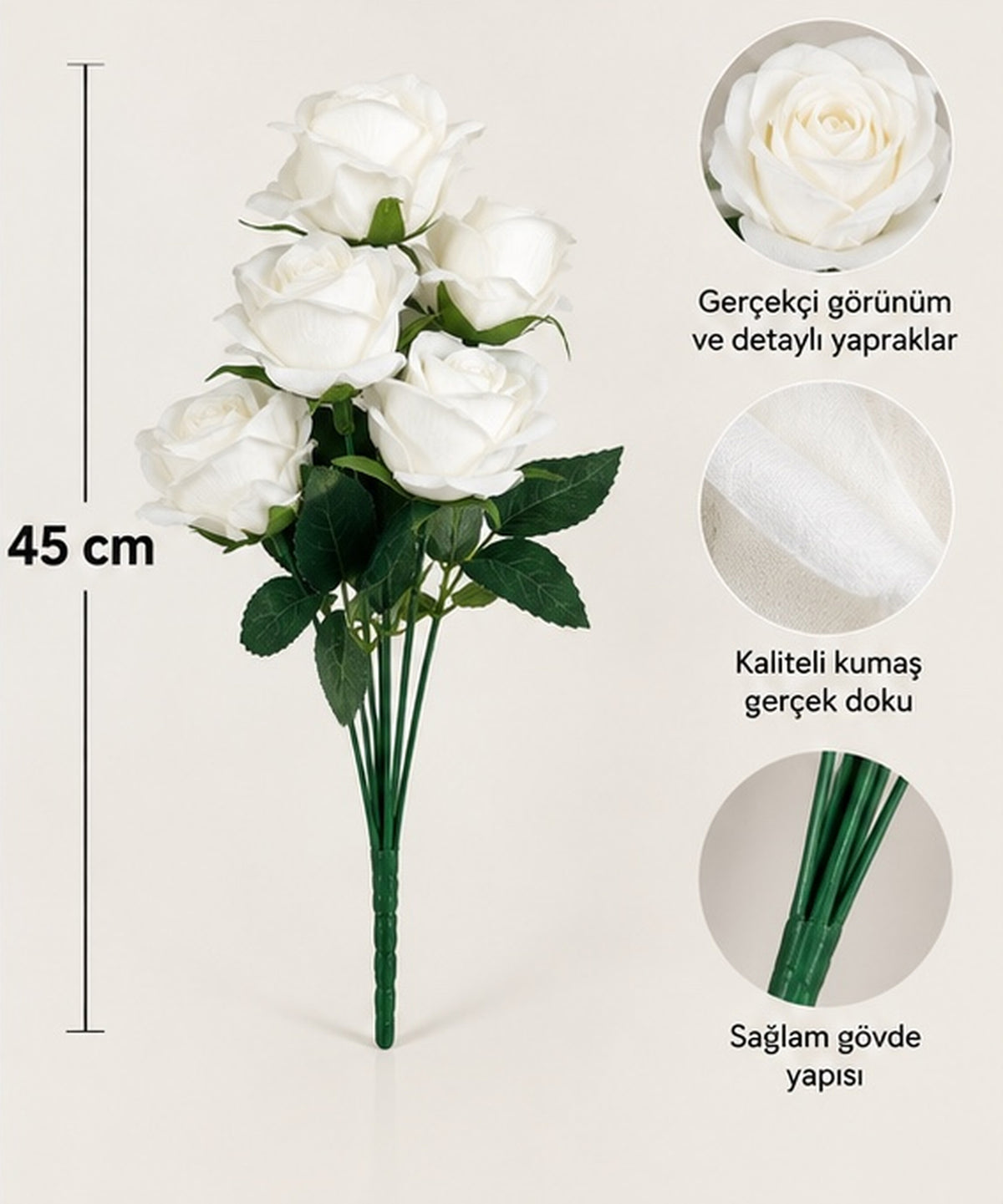 Beyaz 7 Başlı Kadife Dokulu Yapay Gül – 45 cm