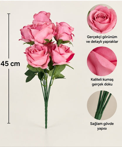Pembe 7 Başlı Kadife Dokulu Yapay Gül – 45 cm