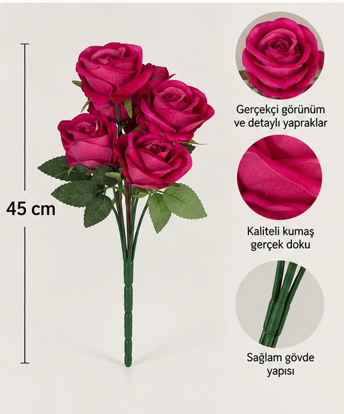 Fuşya 7 Başlı Kadife Dokulu Yapay Gül – 45 cm