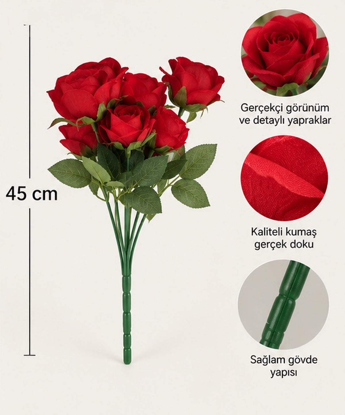 Kırmızı 7 Başlı Kadife Dokulu Yapay Gül – 45 cm