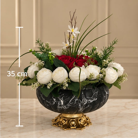 Beyaz Şakayık & Gül Premium Yapay Çiçek Aranjmanı – Seramik Saksılı