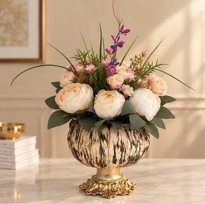 8'li Krem Şakayık Premium Yapay Çiçek Aranjmanı – Seramik Saksılı